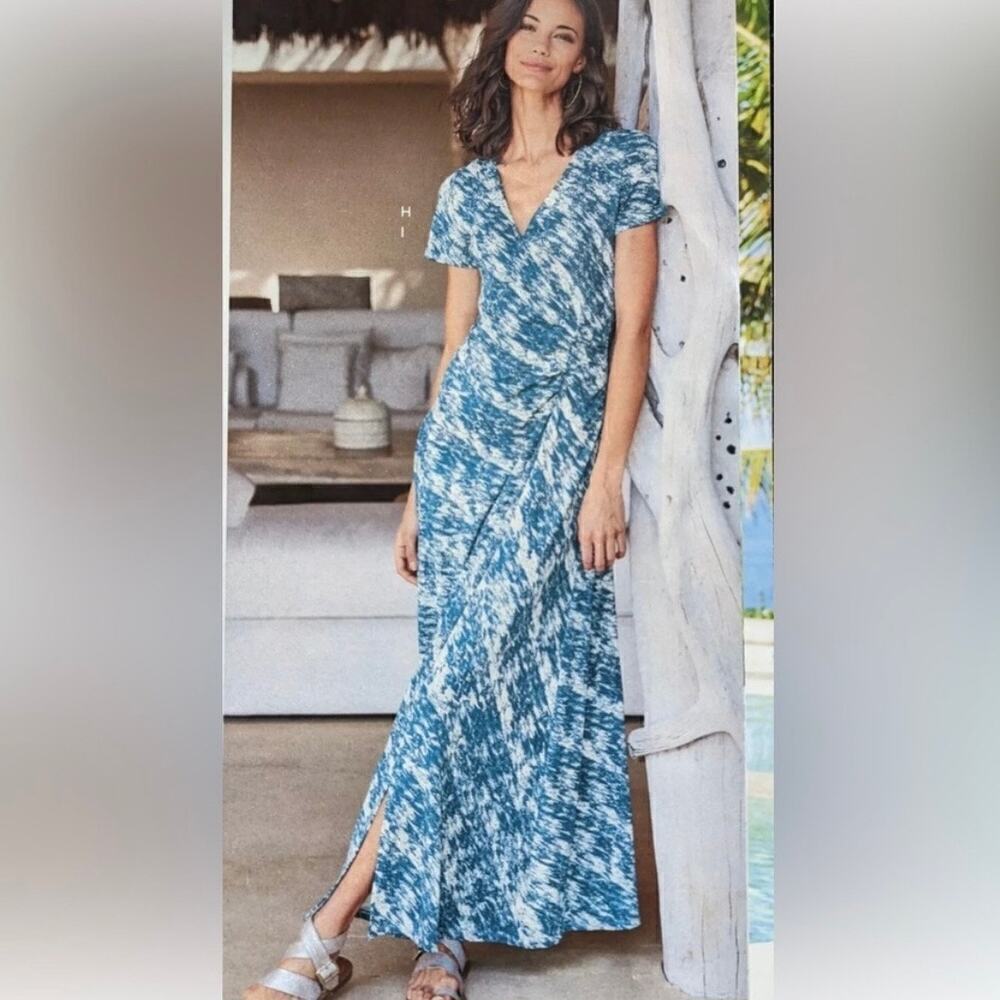Soft Surroundings Joanna Faux Wrap Jersey Maxi Dress Teal Cream Abstract Sz 1X